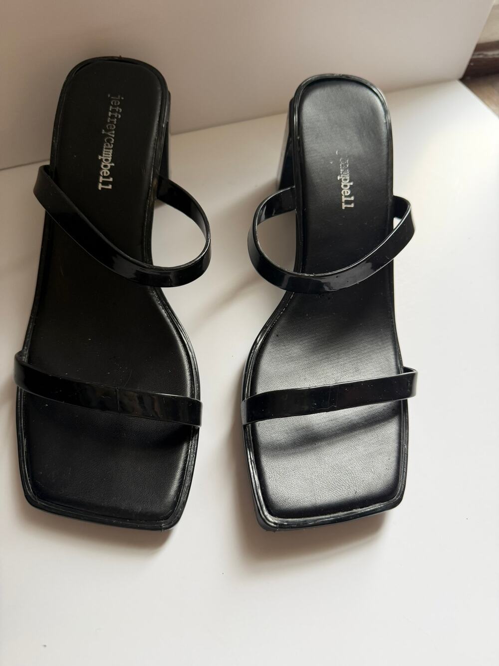 Jeffrey Campbell Black Patent Strappy Square Toe Block Heel Sandals Size 8